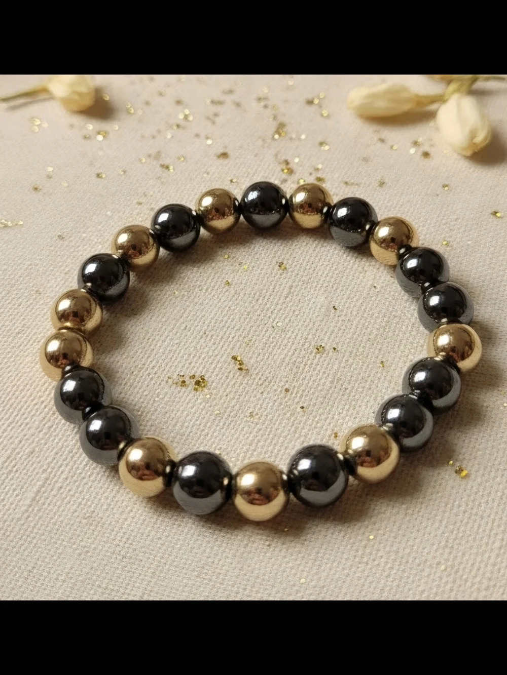 Gold & Black Beaded Stretch Bracelet — Women’s Jewelry